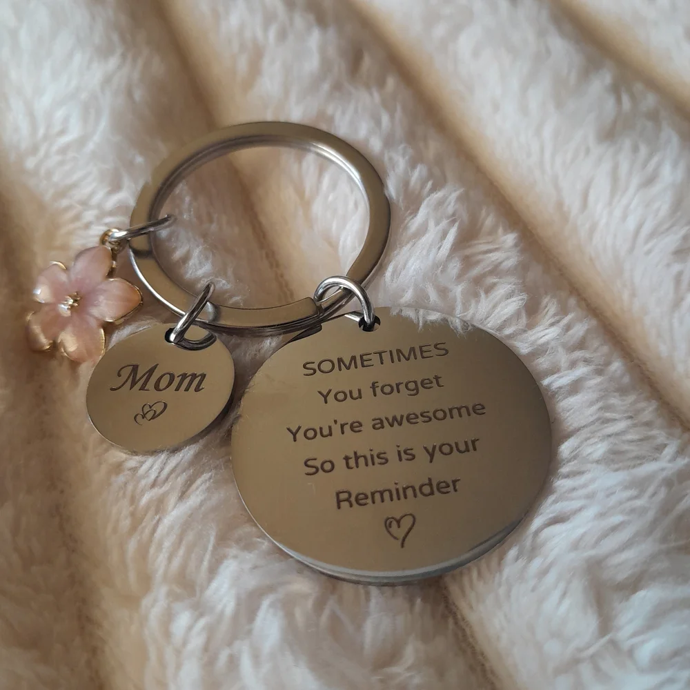 Engraved Silver Mom Keychain with Pink Charm Mother's Day